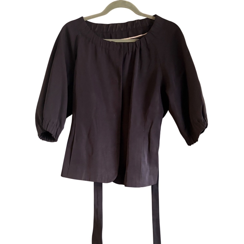 Banana Republic Navy Blue Black Tie Waist 3/4 Sleeve Ruffle Neck Blouse Top